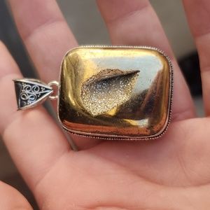 New Gold Titanium Agate Druzy 925 Silver Pendant.